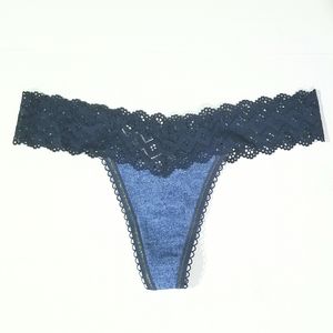 ❤ VS Denim Blue Cotton Lace Thongs